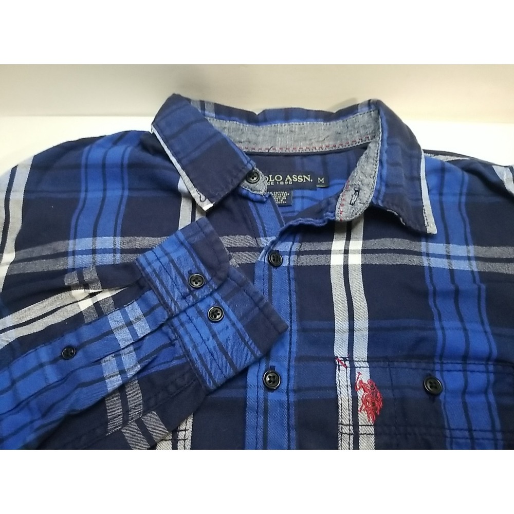 US Polo Assn Mens Medium Blue Plaid Flannel Long Sleeve Button Up‎ Shirt